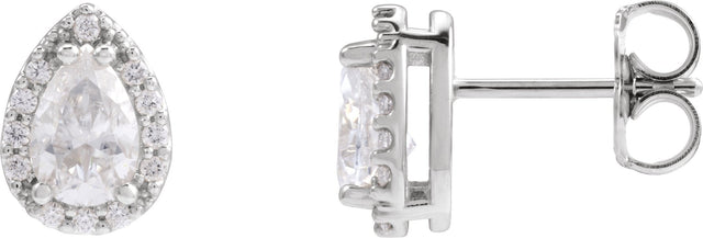14K Gold Lab-Grown Moissanite Pear 4-Prong Halo-Style Low Stud Earring - White Gold