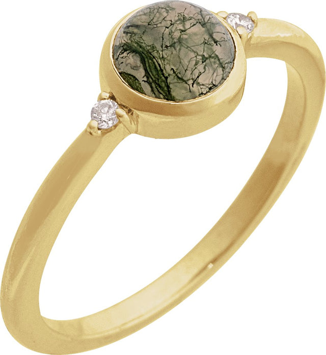 14K Gold Natural Moss Agate Bezel-Set Cabochon Ring – .03 CTW - Yellow Gold