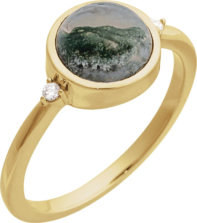 14K Gold Natural Moss Agate Bezel-Set Cabochon Ring – .03 CTW - Yellow Gold