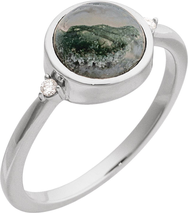 14K Gold Natural Moss Agate Bezel-Set Cabochon Ring – .03 CTW - White Gold