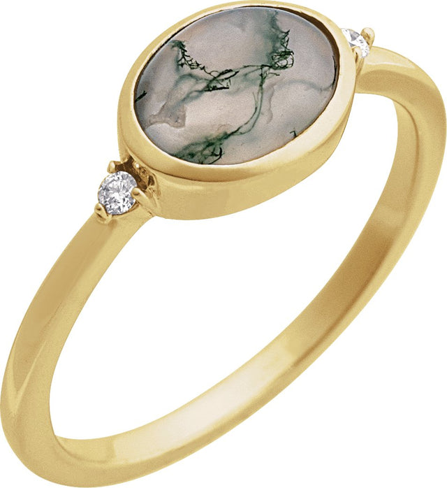 14K Gold Natural Moss Agate Bezel-Set Cabochon Ring – .03 CTW - Yellow Gold