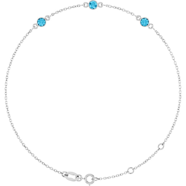 14K Gold Round Natural Aquamarine Bezel-Set Link Bracelet – 25.9x1.7mm - White Gold