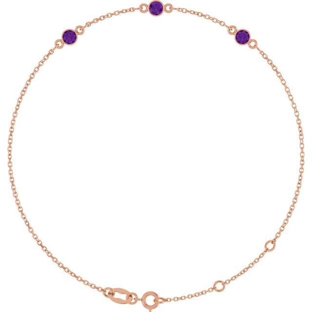 14K Gold Round Natural Amethyst Bezel-Set Link Bracelet – 25.9x1.7mm - Rose Gold