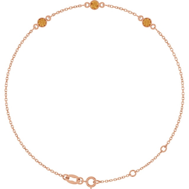 14K Gold Round Natural Citrine Bezel-Set Link Bracelet – 25.9x1.7mm - Rose Gold
