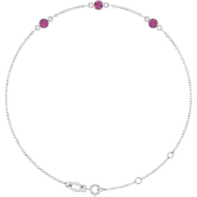 14K Gold Round Natural Pink Tourmaline Bezel-Set Link Bracelet – 25.9x1.7mm - White Gold