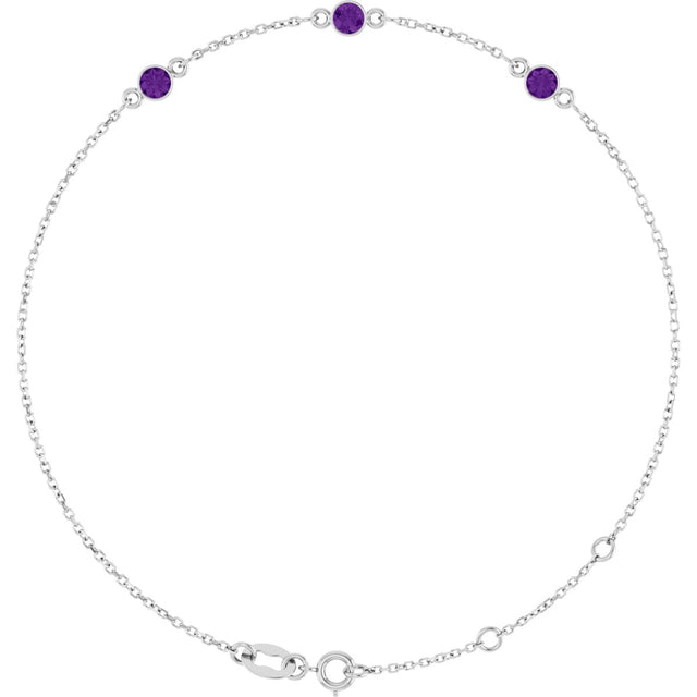 14K Gold Round Natural Amethyst Bezel-Set Link Bracelet – 25.9x1.7mm - White Gold