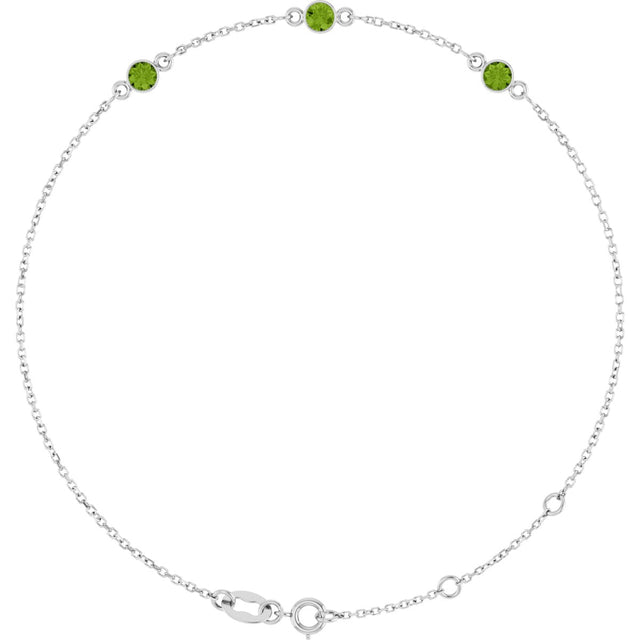 14K Gold Round Natural Peridot Bezel-Set Link Bracelet – 25.9x1.7mm - White Gold