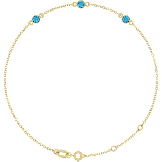 14K Gold Round Natural Blue Zircon Bezel-Set Link Bracelet – 25.9x1.7mm - Yellow Gold