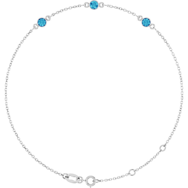 14K Gold Round Natural Blue Zircon Bezel-Set Link Bracelet – 25.9x1.7mm - White Gold