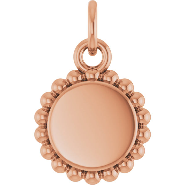 14K Gold Engravable Beaded Disc Necklace or Pendant - Rose Gold