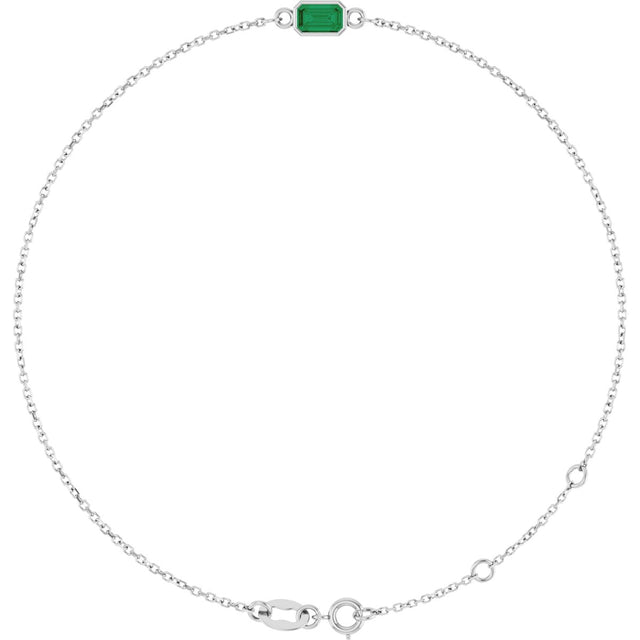 14K Gold Round Natural Emerald Bezel-Set Link Bracelet - White Gold