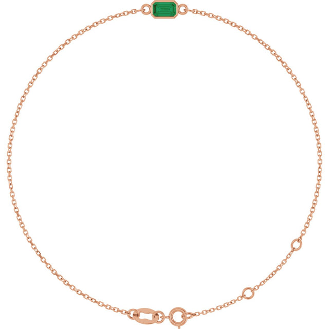 14K Gold Round Natural Emerald Bezel-Set Link Bracelet - Rose Gold