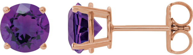 14K Gold Natural Amethyst Round 4-Prong Lightweight Stud Earrings - Rose Gold