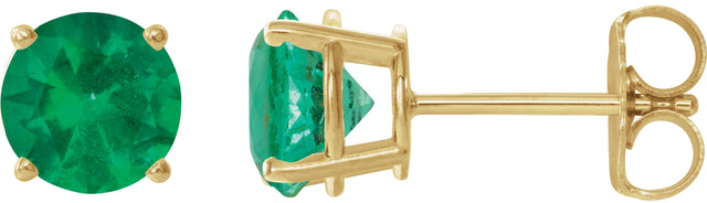 14K Gold Lab-Grown Emerald Round 4-Prong Lightweight Stud Earrings - Yellow Gold