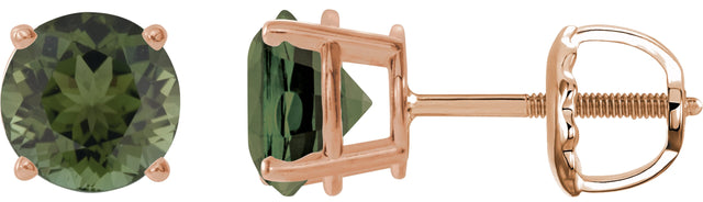 14K Gold Natural Green Tourmaline Round 4-Prong Lightweight Stud Earrings – 6mm Stones - Rose Gold