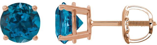 14K Gold Natural London Blue Topaz Round 4-Prong Lightweight Stud Earrings – 6-8mm Stones - Rose Gold