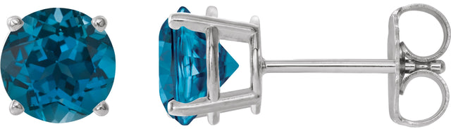 14K Gold Natural London Blue Topaz Round 4-Prong Lightweight Stud Earrings – 6-8mm Stones - White Gold