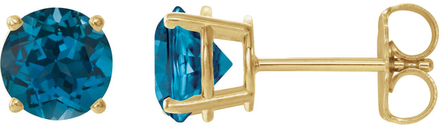14K Gold Natural London Blue Topaz Round 4-Prong Lightweight Stud Earrings - Yellow Gold