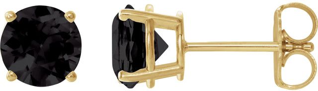 14K Gold Natural Black Onyx Round 4-Prong Lightweight Stud Earrings - Yellow Gold