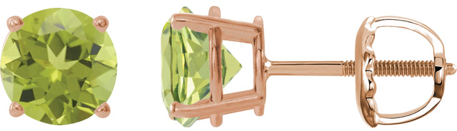 14K Gold Natural Peridot Round 4-Prong Lightweight Stud Earrings – 2.5-8mm Stones - Rose Gold