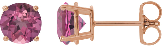 14K Gold Natural Pink Tourmaline Round 4-Prong Lightweight Stud Earrings - Rose Gold