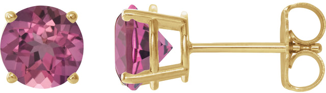 14K Gold Natural Pink Tourmaline Round 4-Prong Lightweight Stud Earrings - Yellow Gold