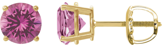 14K Gold Lab-Grown Pink Sapphire Round 4-Prong Lightweight Stud Earrings – 7-8mm Stones - Yellow Gold
