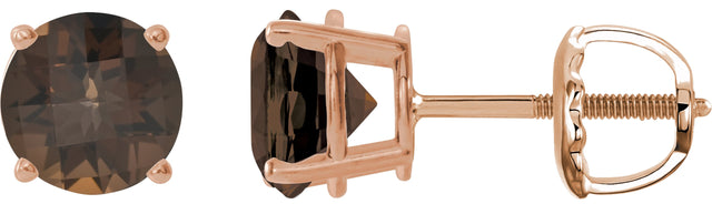 14K Gold Natural Smoky Quartz Round 4-Prong Lightweight Stud Earrings – 7-8mm Stones - Rose Gold