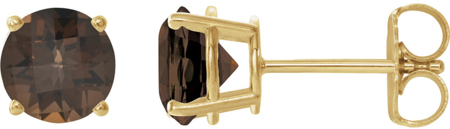 14K Gold Natural Smoky Quartz Round 4-Prong Lightweight Stud Earrings - Yellow Gold