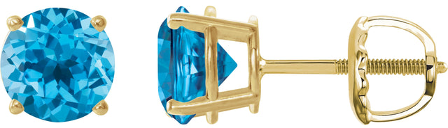 14K Gold Natural Swiss Blue Topaz Round 4-Prong Lightweight Stud Earrings – 7-8mm Stones - Yellow Gold