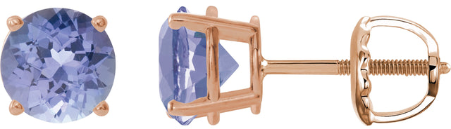 14K Gold Natural Tanzanite Round 4-Prong Lightweight Stud Earrings – 7mm Stones - Rose Gold