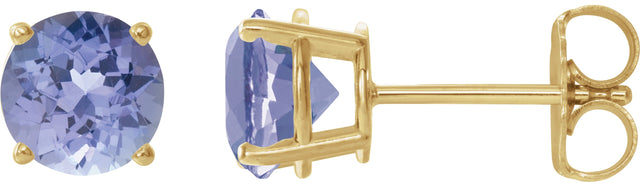 14K Gold Natural Tanzanite Round 4-Prong Lightweight Stud Earrings - Yellow Gold