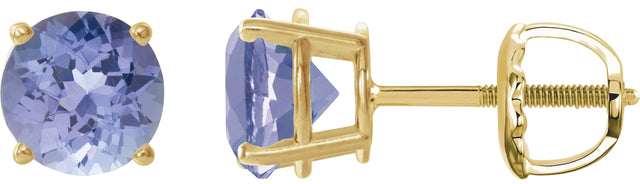 14K Gold Natural Tanzanite Round 4-Prong Lightweight Stud Earrings – 7mm Stones - Yellow Gold