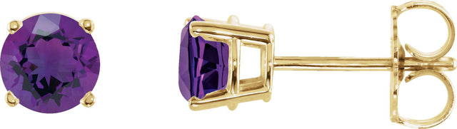 14K Gold Natural Amethyst Round 4-Prong Lightweight Stud Earrings – 2.5-8mm Stones - Yellow Gold