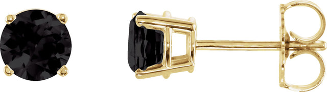 14K Gold Natural Black Onyx Round 4-Prong Lightweight Stud Earrings - Yellow Gold