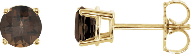 14K Gold Natural Smoky Quartz Round 4-Prong Lightweight Stud Earrings - Yellow Gold