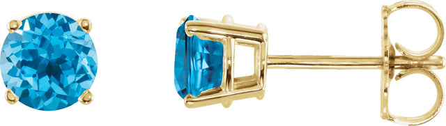 14K Gold Natural Swiss Blue Topaz Round 4-Prong Lightweight Stud Earrings - Yellow Gold