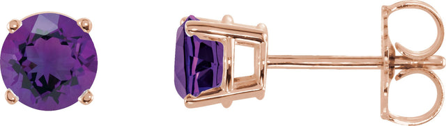 14K Gold Natural Amethyst Round 4-Prong Lightweight Stud Earrings – 2.5-8mm Stones - Rose Gold