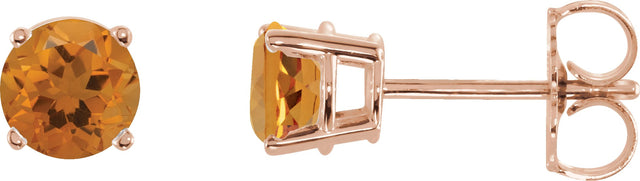 14K Gold Natural Citrine Round 4-Prong Lightweight Stud Earrings – 2.5-8mm Stones - Rose Gold