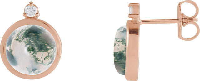 14K Gold Round Natural Diamond Cabochon Bezel-Set Earrings - Rose Gold
