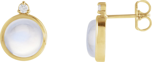 14K Gold Round Natural Rainbow Moonstone & Natural Diamond Cabochon Bezel-Set Earrings – 6-8mm Stones - Yellow Gold