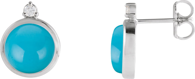 Platinum Round Natural Turquoise & Natural Diamond Cabochon Bezel-Set Earrings