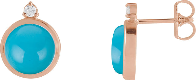 14K Gold Round Natural Turquoise & Natural Diamond Cabochon Bezel-Set Earrings - Rose Gold