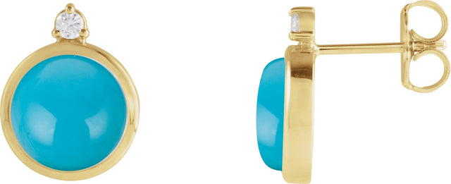 14K Gold Round Natural Turquoise & Natural Diamond Cabochon Bezel-Set Earrings - Yellow Gold