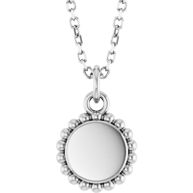 Platinum Engravable Beaded Disc Necklace or Pendant