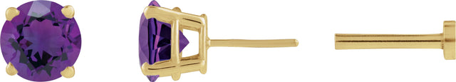 14K Gold Natural Amethyst Round 4-Prong Lightweight Stud Earrings - Yellow Gold