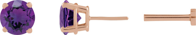 14K Gold Natural Amethyst Round 4-Prong Lightweight Stud Earrings - Rose Gold