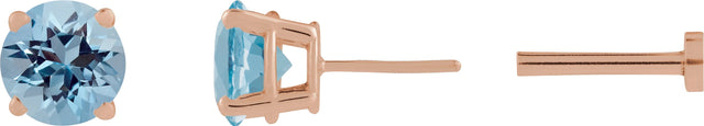 14K Gold Natural Aquamarine Round 4-Prong Lightweight Stud Earrings - Rose Gold