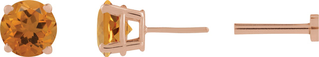 14K Gold Natural Citrine Round 4-Prong Lightweight Stud Earrings - Rose Gold