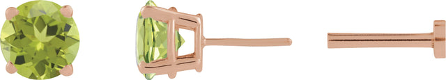 14K Gold Natural Peridot Round 4-Prong Lightweight Stud Earrings - Rose Gold